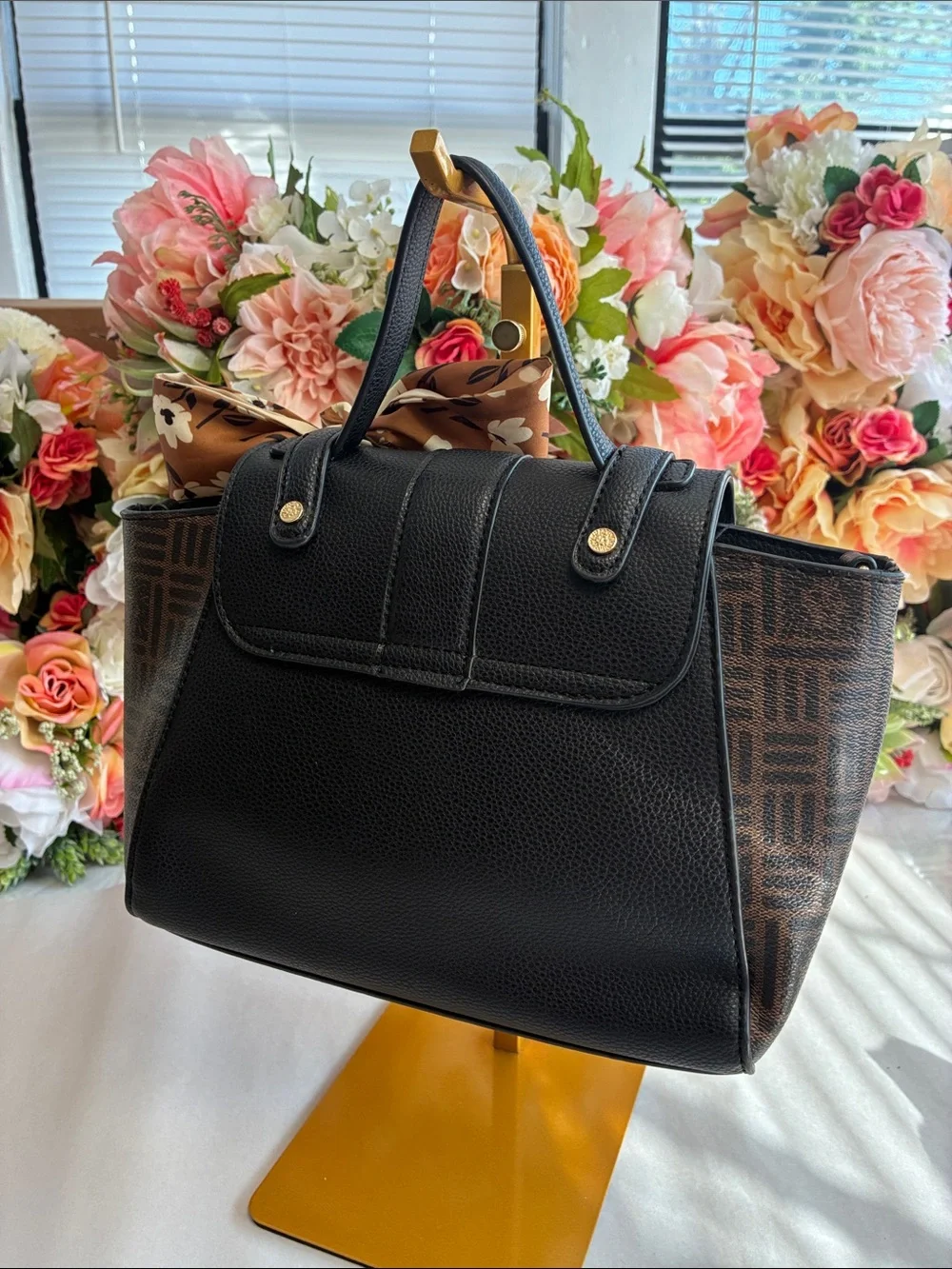 Anne Klein Pebbled Faux Leather Satchel Black Brown Logo Turn Lock Top Handles
